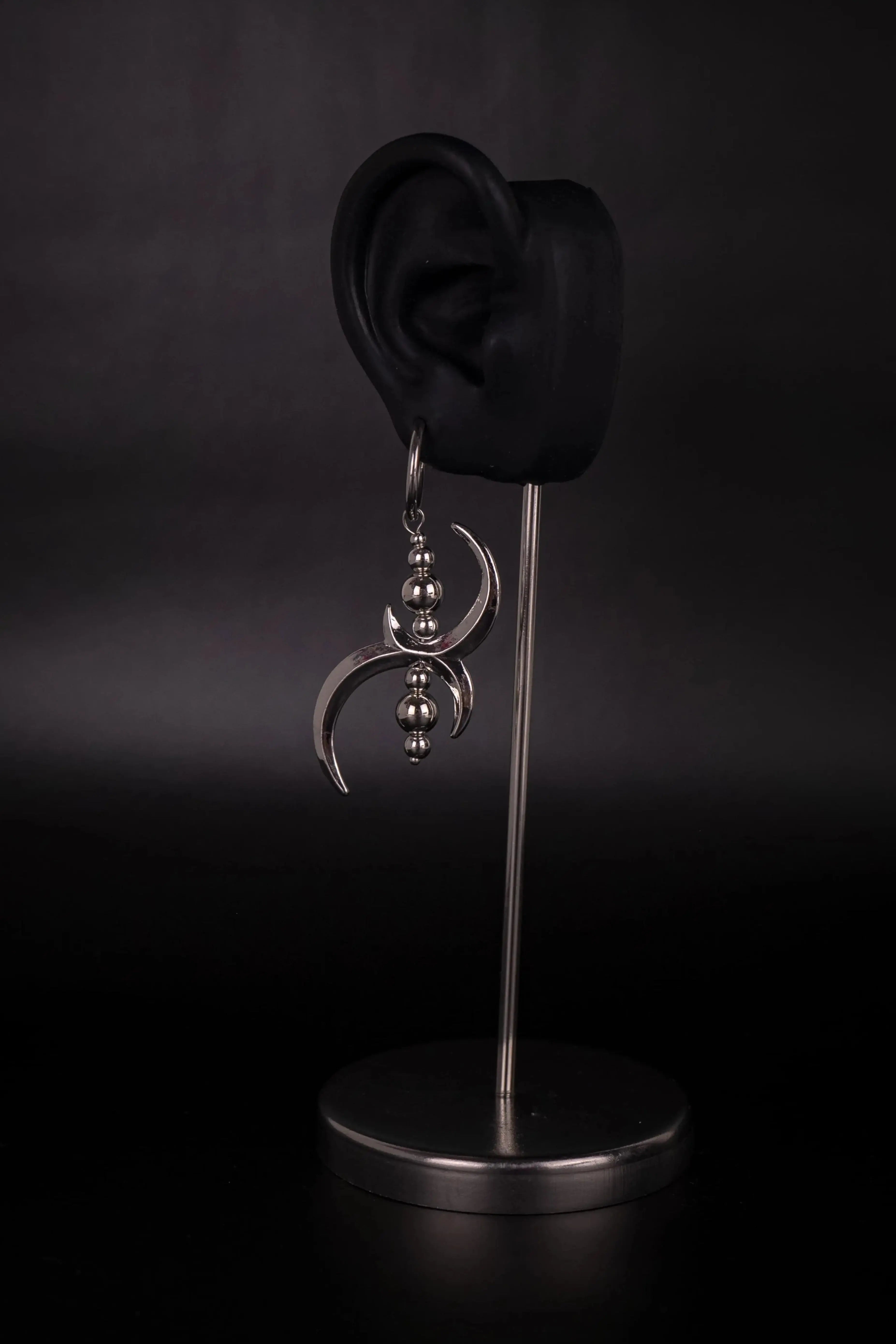 Boucle d'oreille double croissant de lune en acier inoxydable et perle métallique, boucle d'oreille acier inoxydable, pendante.